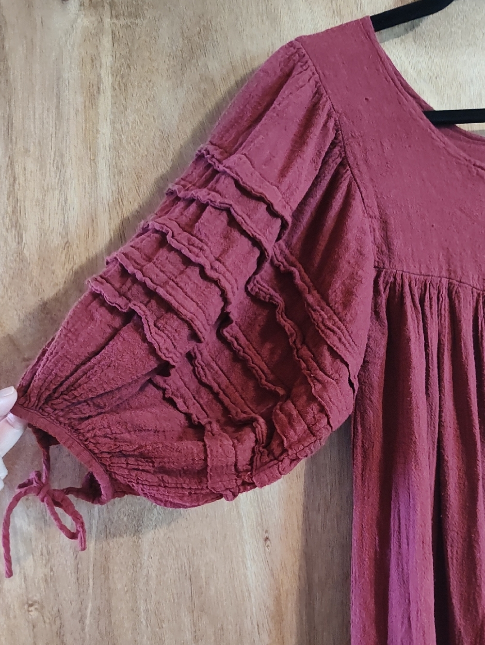 Boho Peasant Dress Brick Red Slub Puff Sleeve Ruffled Tiers Victorian Ren Fair S - Picture 4 of 16